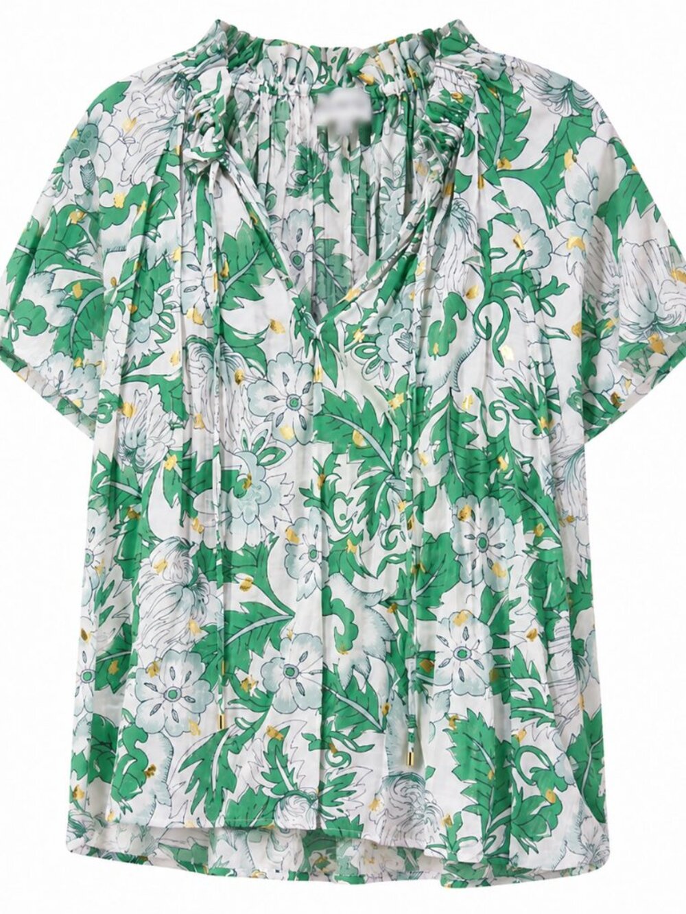 Plus Floral Green and White Women's Top Work a Touch Of Metallic Gold 2x